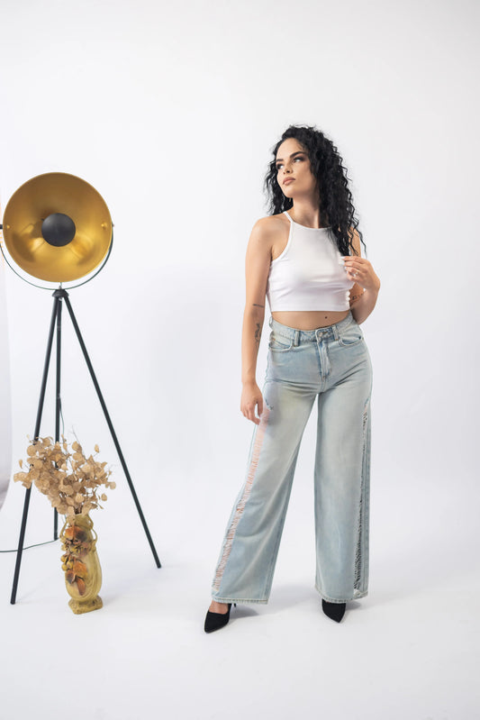 Blugi dama wide leg cu decupaj lateral - Lemus