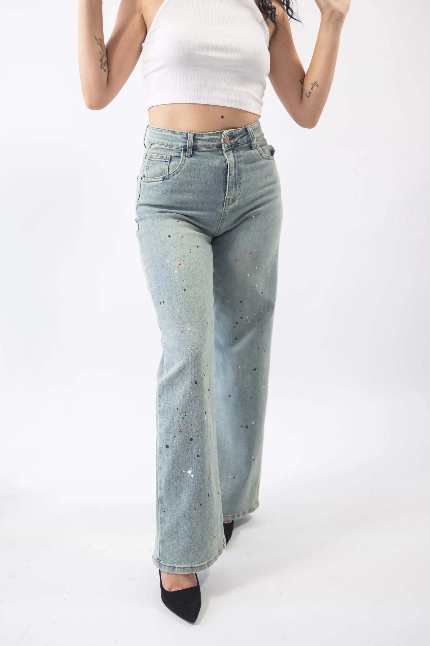 Blugi wide leg cu stropi de vopsea - Lemus