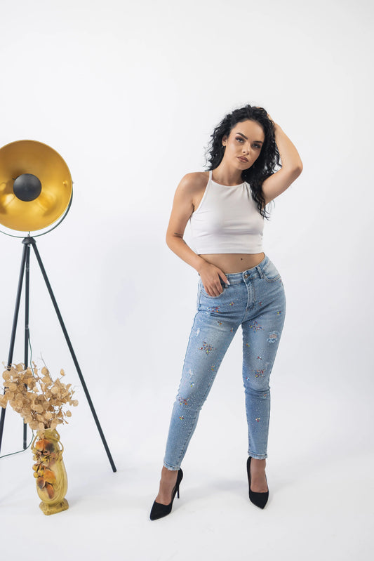 Blugi decorati cu fluturi si pietricele - Lemus