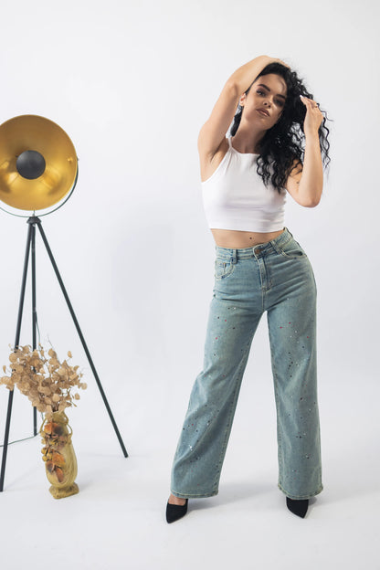 Blugi wide leg cu stropi de vopsea - Lemus